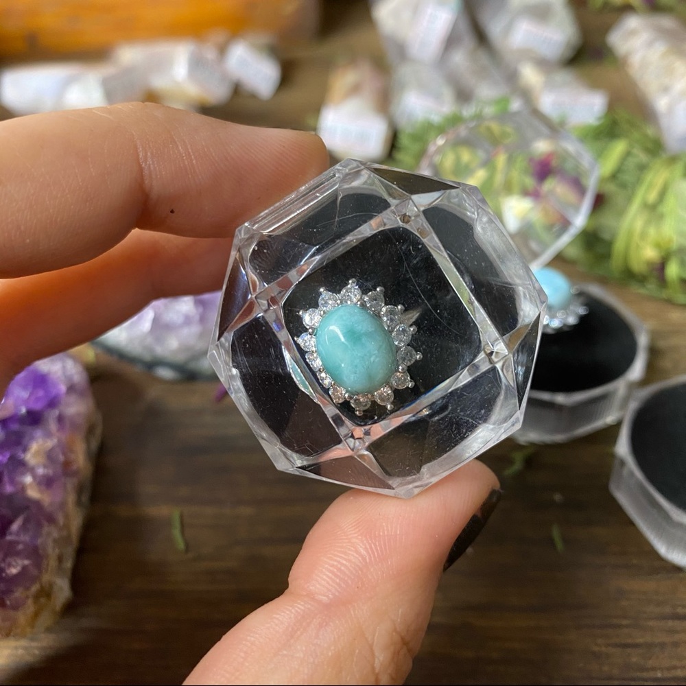 Larimar Gemstone Silver Adjustable Encrusted Oval Halo Sparkly Crystal Ring